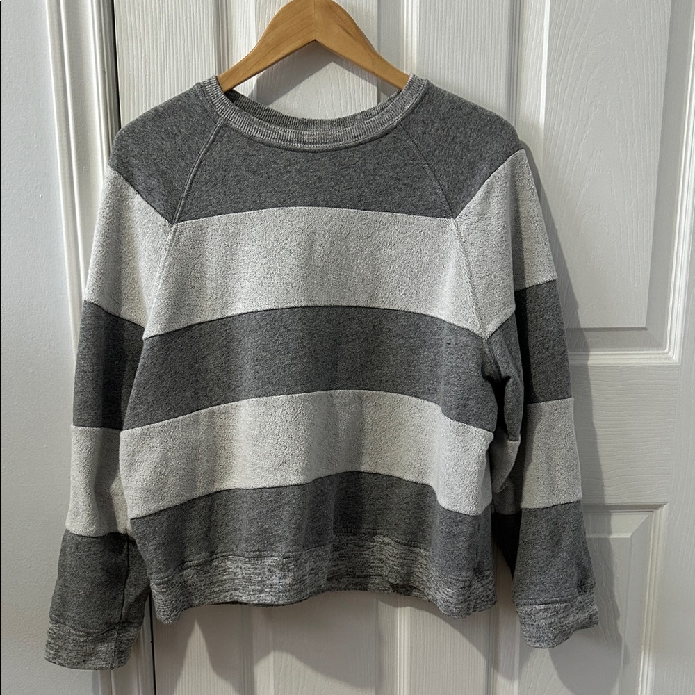 THE GREAT. Charcoal and Light Gray Striped sweatshirt.
